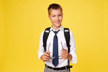 Portrait of a schoolboy in glasses with textbooks and a backpack on a yellow background. Back to...