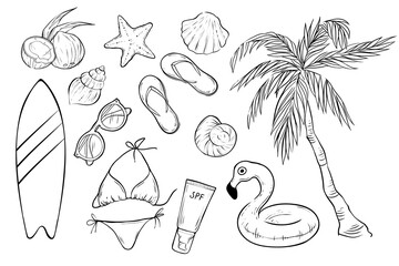 Set of summer stuff objects, vector illustration
