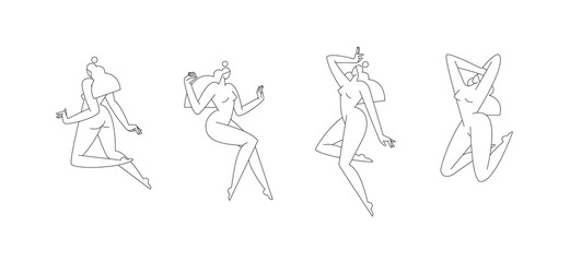 Contemporary female body vector illustration set. Nude woman silhouette in abstract pose, feminine figure graphic design, Line art, editable strokes. Beauty, body care concept for logo. Modern art