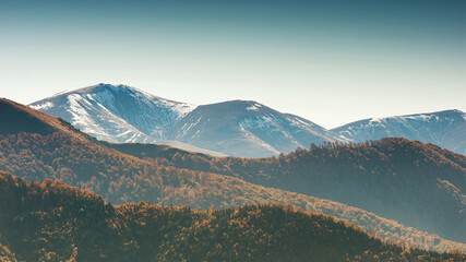 Aerial view of a mountain and forest in autumn
