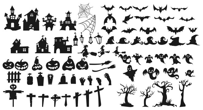 Set of halloween silhouettes black icon and character. Vector illustration. Isolated on white background.