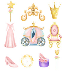Set of fairy tale princess elements, isolated illustration on a white background, baby girl shower clipart - 518304007