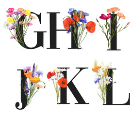Set of floral letters with colorful summer wildflowers (poppies, chamomiles, cornflowers), isolated illustration on white background, for wedding monogram, greeting and business cards, logo