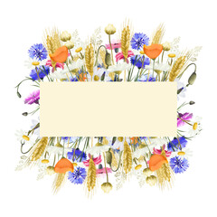 Frame of watercolor colorful bright wildflowers (cornflowers, chamomiles, poppies, wheat spikelets) illustrations on a white background, invitation card design