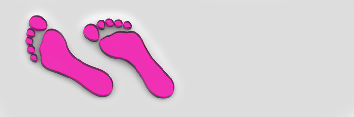 two purple glass bare footprints. bare footprints close-up. movement and development. Banner for insertion into site. Place for text cope space. Horizontal image. 3D image. 3D rendering.