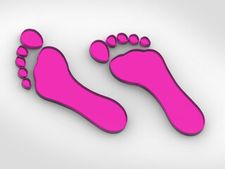 two purple glass bare footprints. bare footprints close-up. movement and development. Horizontal image. 3D image. 3D rendering.