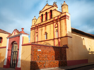 San Cristóbal Cathedral in Central Park, San Cristobal de las Casas, Mexico. The Cathedral is the symbol of the City's colonial architecture. Its facade contains features from Neoclassical to Baroque.