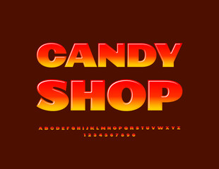 Vector glossy logo Candy Shop.  Modern Brightl Font. Artistic Alphabet Letters and Numbers set