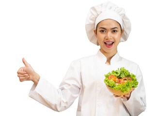 Asian woman in chef's uniform is cooking in the kitchen.
