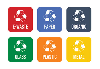Garbage recycling vector illustration on a colored background. Trash can of e-waste, paper, organic, glass, plastic, metal