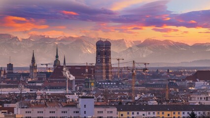 Muncih aerial panoramic view frauenkirche church cathedral downtown winter alps mountains