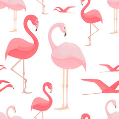 Vector seamless pattern with many elegant flamingos on white background. Tropical bright pink birds for decorative summer layout design, trendy textile prints. Animals of Africa and South America. Zoo