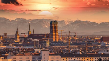 Munich skyline aerial view at sunset, munchen germany city. Frauenkirche munich