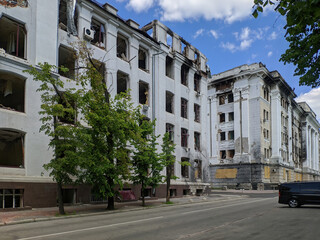The destroyed building of the Karazin National University as a result of rocket fire by the Russian invaders. War in Ukraine.