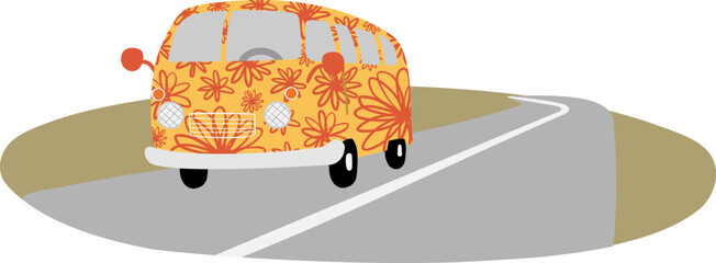 hippie bus vector illustration clipart, groovy hippy van road trip clip art, retro city sublimation design images, mountain landscape scenery