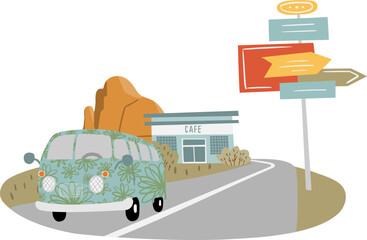 hippie bus vector illustration clipart, groovy hippy van road trip clip art, retro city sublimation design images, road Cafe near mountain with road sign landscape scenery © lyubovzaytseva