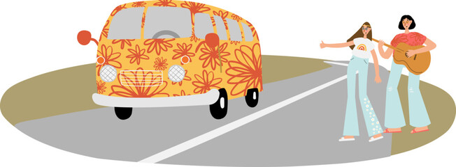 Obraz premium groovy hippie vector illustration clipart, retro 70s hippy bus van road trip clip art, landscape scenery, peace and love scene clipart, sublimation design images