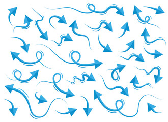 Hand drawn blue curved arrow shape in doodle style. Arrow line set