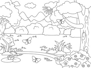 Forest glade with a river bank. Vector coloring book.