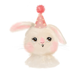 Cute bunny rabbit hand drawn in watercolor in nursery childish style. Pale pastel smiling cartoon character animal. Easter happy baby print