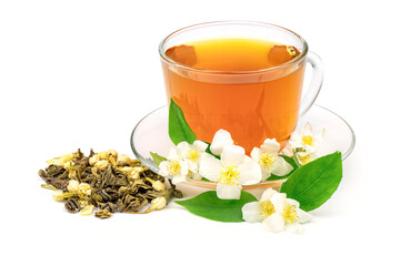 Cup of green tea with jasmine flowers isolated on white background.