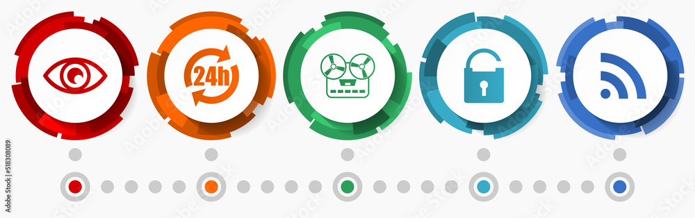 Aufkleber technology, media concept vector icon set, flat design web buttons, internet infographic template