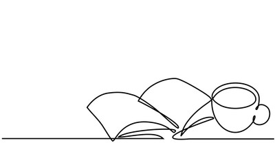 Open book and cup. Continuous line drawing. Coffee, tea and book. Sketch