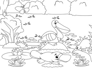 River bank with animals, fish and aquatic animals. Nature of the forest. Vector coloring book.