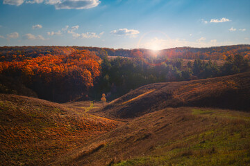 Bright autumn sunset over trees on hills in Ukraine