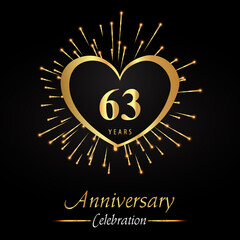 63 years anniversary celebration with golden heart and fireworks isolated on black background. Premium design for weddings, birthday party, celebration events, banner, graduation, greetings card.