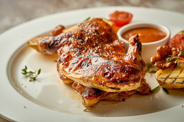 Whole Fried chicken with potatoes and mushrooms. Close-up, post-production noise. Selective focus