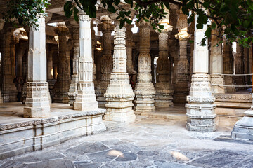 Courtyard of the Adinatha Temple, a Jain temple in Ranakpur, Rajasthan, India, Asia