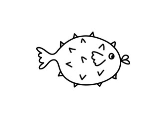 Vector hand drawn doodle hedgehog fish in monoline scandinavian style. Image for label, web icon, postcard decoration. Cheerful childish, cute marine theme