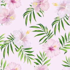 Seamless tropical pattern with hibiscus, orchid palm leaves. Botanical exotic vector illustration.	