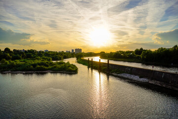View of the Neckar and Heidelberg from the Wehrsteg Wieblingen. Weir on the Neckar. Pedestrian and...