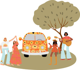 groovy hippie vector illustration clipart, retro 70s hippy bus van road trip clip art, meadow landscape scenery, peace and love scene clipart, sublimation design images