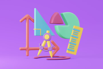 3D Rendering set of math tool symbol on background. 3d render illustration cartoon style.