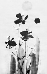 Iris flowers. Oriental traditional painting in style sumi-e, u-sin and gohua. 