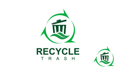Natural Recycled Trash Logo Design Template. Trashcan Logo. junk removal solution services logo design template. Trash container bin, Garbage can recycle basket box for trash waste logo design.