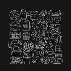 Coffee shop menu elements. Desserts and sweets. Hand drawn sketch for your design