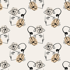 Trendy line drawing abstract people faces seamless pattern. Modern aesthetic print, minimalism, contour line art.  - obrazy, fototapety, plakaty