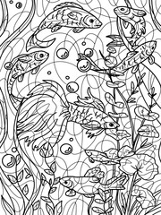 Aquarium, seabed. Water world and fish. Freehand sketch for adult antistress coloring page with doodle and zentangle elements.