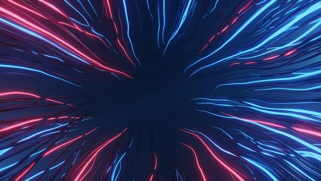 Abstract futuristic  render 3d video effect, dark background, bright lighting veins, hair, wind, turbulence, concetration to centre, portal walk, sci-fi art, random curved structure design elements