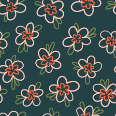 Hand drawn naive daisy loose flowers with leaves vector seamless pattern. Blotched retro floral texture for textile, print, fabric, wrap, paper.