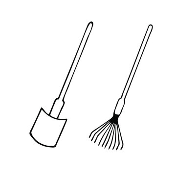 garden equipment, rake, shovel, manual work, earth, grass, soil, autumn. Vector illustration, black and white outline.