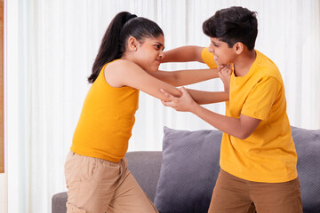 Boy and girl fighting in living room at home