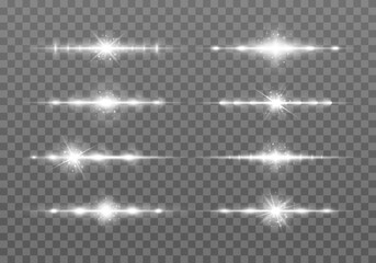 White horizontal lens flares pack, laser beams, light flare. Laser beams, horizontal light rays. Glowing streaks on light background.
