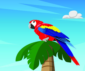 Ara parrot on a palm tree against the sky