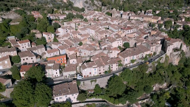 Drone over Moustiers-Sainte-Marie village near Verdon Gorge in Provence, France