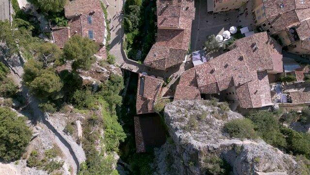 Top-down aerial shot of Moustiers-Sainte-Marie village near Verdon Gorge, France